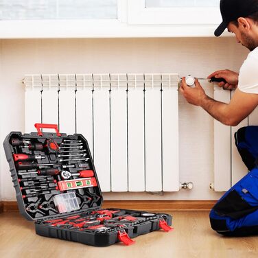 Набір інструментів TLGREEN 198 предметів у кейсі: побутовий, з тріскачкою, набором головок, викрутками – червоно-чорний