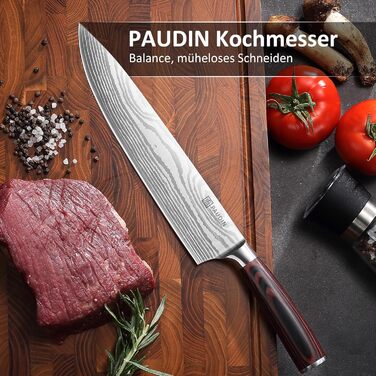 PAUDIN Ніж Сантоку з Дамаску, 13 см - професійний кухонний ніж, висока якість, гостра сталь, ергономічна ручка G10