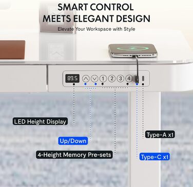 Електричний регульований стіл FLEXISPOT з підняттям, з USB та ящиком, скляна панель 120 x 60 см (сніжно-білий)