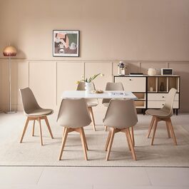 GrandCA Комплект обідньої групи для дому (6 стільців + стіл), для вітальні, кухні, офісу, колір бежевий та білий