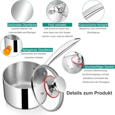Каструля HaWare з нержавіючої сталі 16 см з кришкою, 1.9 л, для всіх типів плит, нержавіюча сталь, не має покриття, придатна для миття в посудомийній машині