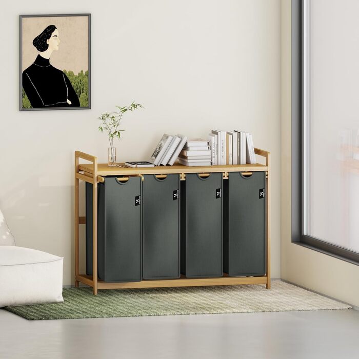 Кошик для білизни AdelDream Premium 200L з 4 відділеннями, висувний та знімний мішок для білизни з бамбуковим каркасом, сірий – кошик для білизни та органайзер для ванної кімнати та спальні