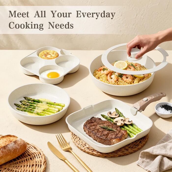 Набір посуду RIOVARM з індукційним дном: каструлі, сковороди та соусники з керамічним антипригарним покриттям, кухонні аксесуари, необхідні для приготування їжі