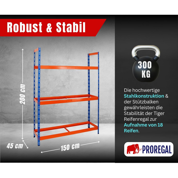 Стелаж для шин PROREGAL Tiger XL: 200x150x45 см, 300 кг навантаження, до 18 шин (205/55 R16), блакитно-помаранчевий | Стелаж для автосервісу, складу, підвалу
