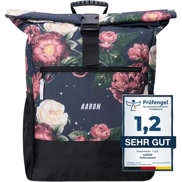 Рюкзак AARON Rolltop для жінок і чоловіків, з відділенням для ноутбука, включаючи тримач AirTag, денні рюкзаки, рулонний рюкзак з переробленого ПЕТ для UNI, подорожей, повсякденного, ролтоп-рюкзака в чорному кольорі та квітах