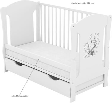 Дитяче ліжко Baby Delux 60x120 біле розкладне молодше ліжко з ящиком, матрацом і мотивом Teddy Rocker