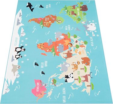 Дитячий килимок Paco Home для дитячої кімнати, ігровий килимок, Карта світу з зображенням тварин протиковзкого бірюзового кольору, Розмір Ø 160 см круглий Ø 160 см круглий Бірюзовий