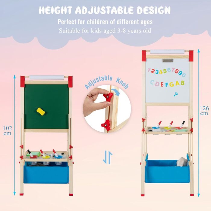 Дитяча мольберт HOMASIS двосторонній, регульована висота, крейда та папір, для дітей 3-8 років, з сумкою для зберігання, 44 x 40 x 102-126 см