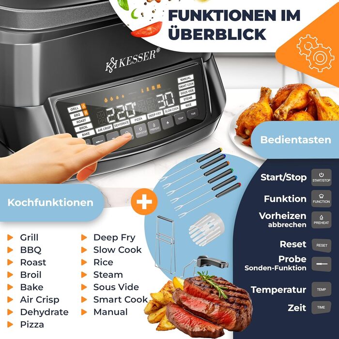 Мультиварка KESSER® 8л з фритюрницею, 16 програм, чорна. Гриль, випічка, тушкування, приготування на пару, функція підігріву та повільного приготування, приготування рису та йогурту.