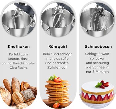 Кухонна машина Karaca Blendburst 1400W з 6 швидкостями, 5.7л чаша з нержавіючої сталі, подвійний гак для тіста, міксер, насадки для збивання та замішування, сірий колір