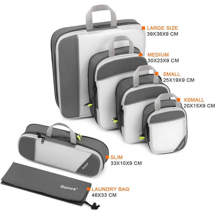 Набір компресійних органайзерів для одягу Gonex (6 шт.), сірий — міцні дорожні сумки-пакувальники для валізи та подорожей