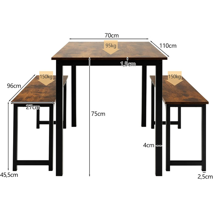Обідній сервіз HOMASIS стіл та 2 лавки на 4 персони, дерево та метал, індустріальний стиль, 110x70x75 см (коричневий)