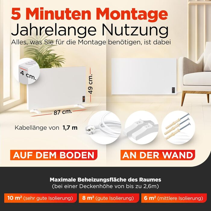 Інфрачервовий обігрівач TermoPlaza WiFi з термостатом 270 Вт (до 7 м²) | Настінний та підлоговий обігрівач | Енергозберігаючий інфрачервовий електричний обігрівач/конвектор для дому та ванної кімнати