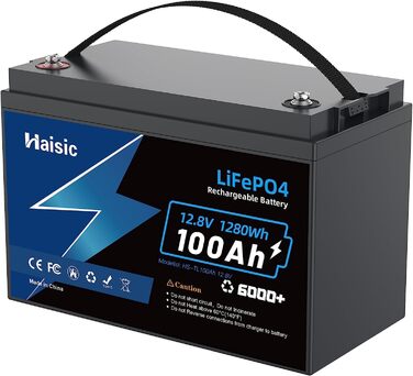 Літієва батарея LiFePO4 100Ah 12V, 10 років, 6000 циклів, 1280 Втгод, IP65, 100A BMS, для автофургонів, човнів, кемпінгу