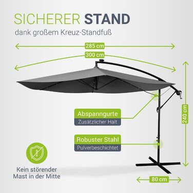 Парасолька від сонця Juskys Ampelschirm Brazil з LED-підсвіткою, сонячною панеллю та ручкою, 300 см, сіра — водовідштовхуюча, з UV-захистом та чохлом