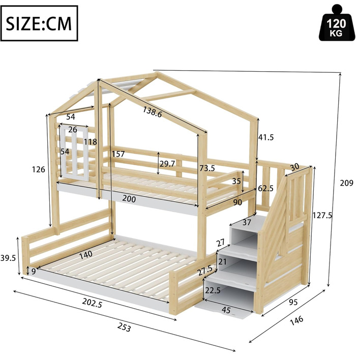 Двоярусне ліжко 90x200 та 140x200 см, дитяче ліжко-горище з місцем для зберігання, сходами та дахом, ліжко-будиночок з вікном, з ламелями та захистом від падіння, без матраца, натуральне дерево
