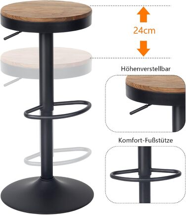 Барні стільці Kidol & Shellder 2 шт. Регульована висота, поворотні на 360°, кругла дерев'яна стільниця на металевому каркасі, чорний колір. Підходять для кухні, бару, вітальні.