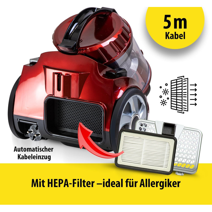 Пилсос Carrera з HEPA-фільтром, 800W, червоний – пилосос для підлоги з кабелем, компактний