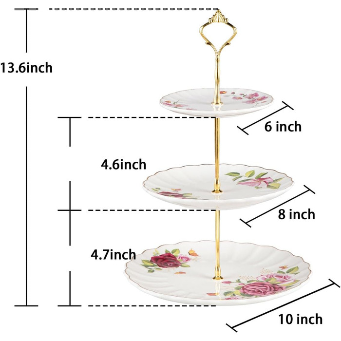 Стійка для тістечок Sweejar Home 3-ярусна керамічна, етажерка для тортів, десертів, капкейків, чаювання, сервірування їжі (свіжі квіти)