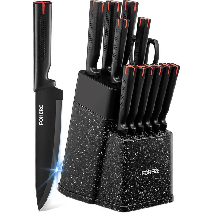 Набір ножів FOHERE 13 предметів з точилкою: якісний набір кухонних ножів з нержавіючої сталі з точилкою та підставкою, чорний граніт