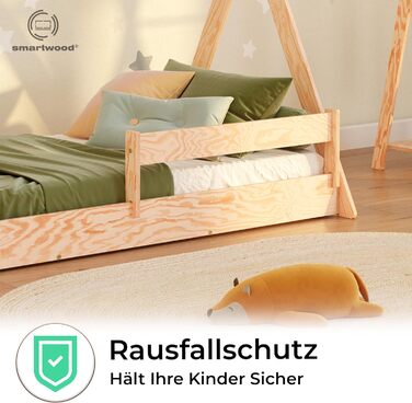Дерев'яне ліжко-дитячий будиночок Smartwood 90x200 - Монтессорі Tipi F з сосни з сертифікатом FSC, захист від падіння та ламелі до 230 кг для хлопчиків та дівчаток, проста збірка, ліжко на підлозі