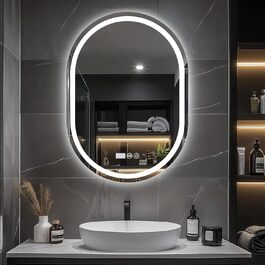 Дзеркало для ванної кімнати Trintion з підсвічуванням, овальне, 50x70 см, з годинником та сенсорним вимикачем, антизапотівання, регулювання яскравості, 3 колірні температури (3500K-6500K)