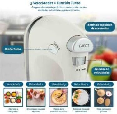 Міксер Grunkel AM-350TURB05BOWL з 5 швидкостями, білий (350 Вт) - з чашею та набором насадок для замішування та збивання