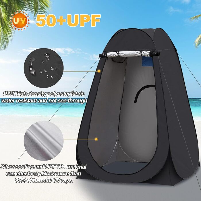 Намет-роздягальня CLIPOP для душу та туалету, чорний, 120x120x190 см, водонепроникний, з UV-захистом, для відпочинку на природі, пляжу, риболовлі, кемпінгу, з сумкою