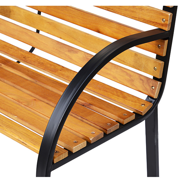 Лавочка для саду, парку, 2 місця. Виготовлена зі сталі та соснового дерева, колір - натуральний. Розміри: 122 x 60 x 83 см.