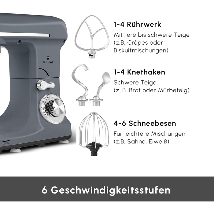 Кухонна машина Karaca Blendburst 1400W з 6 швидкостями, 5.7л чаша з нержавіючої сталі, подвійний гак для тіста, міксер, насадки для збивання та замішування, сірий колір