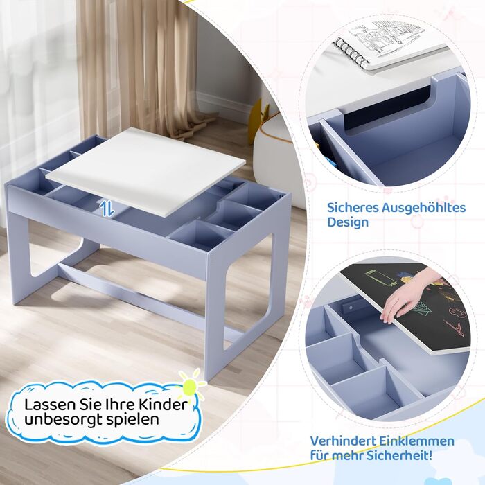 Дитячий стіл та комплект стільців Mamizо з місцем для зберігання, блакитний. Підходить для дитячої кімнати, школи, дитячого садка, від 3 років.