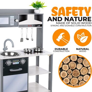 Дерев'яна дитяча кухня Kinderplay з LED та звуками приготування їжі, регульована висота 92–107 см, іграшкова кухня для ролевих ігор від 3 років, повний комплект з аксесуарами, світло-сірий (Modern - Grau)