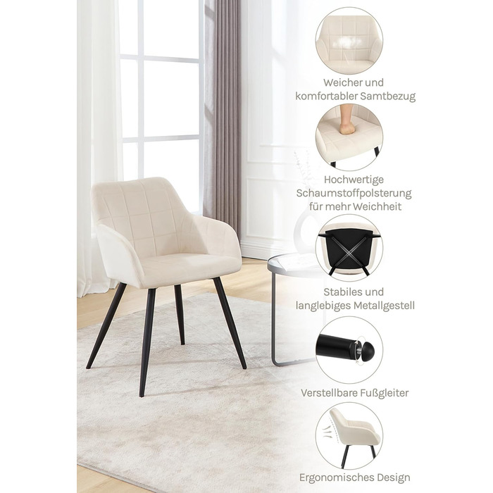 Крісла для їдальні WOLTU - 8 шт. М'які крісла з підлокітниками для кухні, вітальні, оббивка з велюру, металеві ніжки, кремовий колір