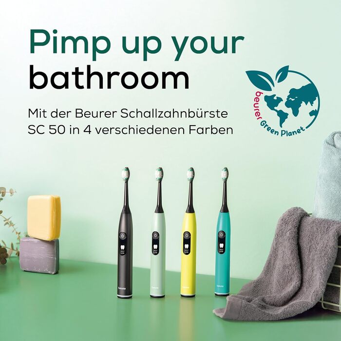 Електрична зубна щітка Beurer SC 30 Schallzahnbürste: 4 режими чищення, 80 000 коливань, таймер, LED-дисплей, 2 насадки, корпус з переробленого пластику (Splashy Lemon)