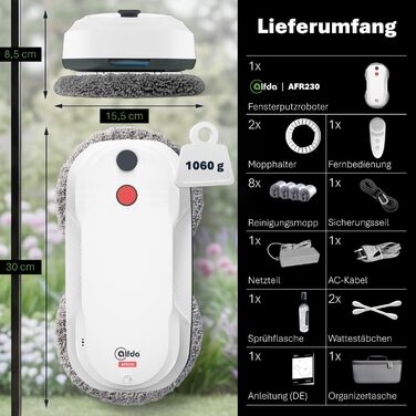Робот для миття вікон AFR230 з подвійним розпиленням, інтелектуальною навігацією та пультом дистанційного керування, для внутрішніх та зовнішніх вікон, об'єм бака 60 мл, сумка для зберігання, 8 ганчірок
