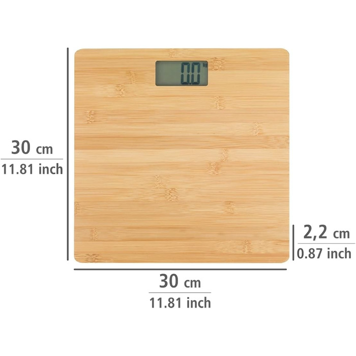 Ваги для ванної кімнати WENKO Bambusa, цифрові дерев'яні ваги зі справжнього бамбука, з РК-дисплеєм, ваги для тіла для відчуття тепла ніг, ваги для ванної кімнати до 180 кг, ваги з батарейками, 30 x 2,7 x 30 см, натуральні