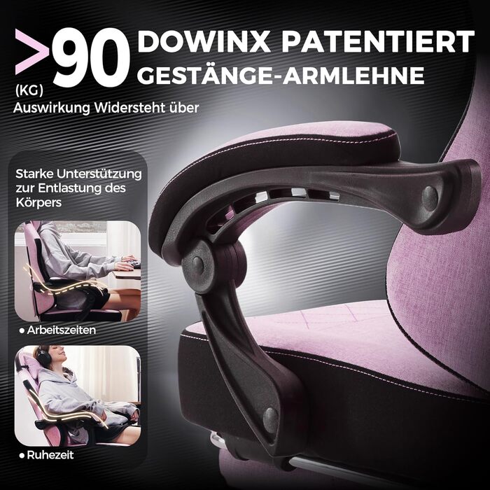Ігровий крісло Dowinx з тканини, з пружинним сидінням та масажем попереку, офісне крісло з підніжкою для дорослих, ергономічне, велике та високе, 135 кг, рожеве