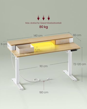 Електричний стіл VASAGLE з регулюванням висоти, 60x120x(72-120) см, підставка для монітора, подовжувач, гачок, функція пам'яті, солом'яно-жовтий