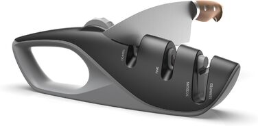 Професійний ручний точило для ножів з 5 кутами, дизайн UK, 3-ступеневе точіння роликами, для кухонних, хвилястих, хлібних, кишенькових та мисливських ножів, ножиць, чорний колір, 26 см