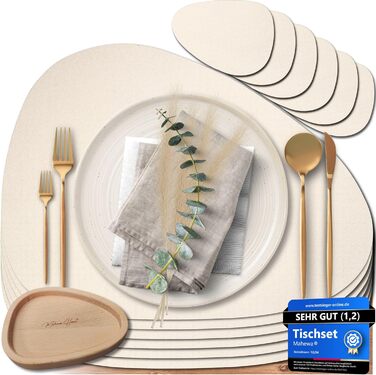 Набір Mahewa® з 6 преміум-підставників для столу з екошкіри, 6 шт. - підставки під тарілки, миються та водонепроникні, підставка під тарілки з імітацією шкіри (крем-бежевий, овальна з тримачем)