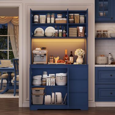 Кухонна шафа FirFurd з LED-підсвіткою, буфет, комод з полицями, стільниця, 3 висувні ящики, 180x100x38.5 см (блакитний)