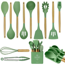 Набір кухонних аксесуарів 13шт, силікон, стійкий до високих температур, з дерев'яною ручкою (авокадо-зелений)