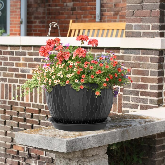Великі горщики для квітів 3 шт. (12+10+9 дюймів), 30.5x25.4x25.4x22.9 см, для дому та саду, чорного кольору, з дренажними отворами