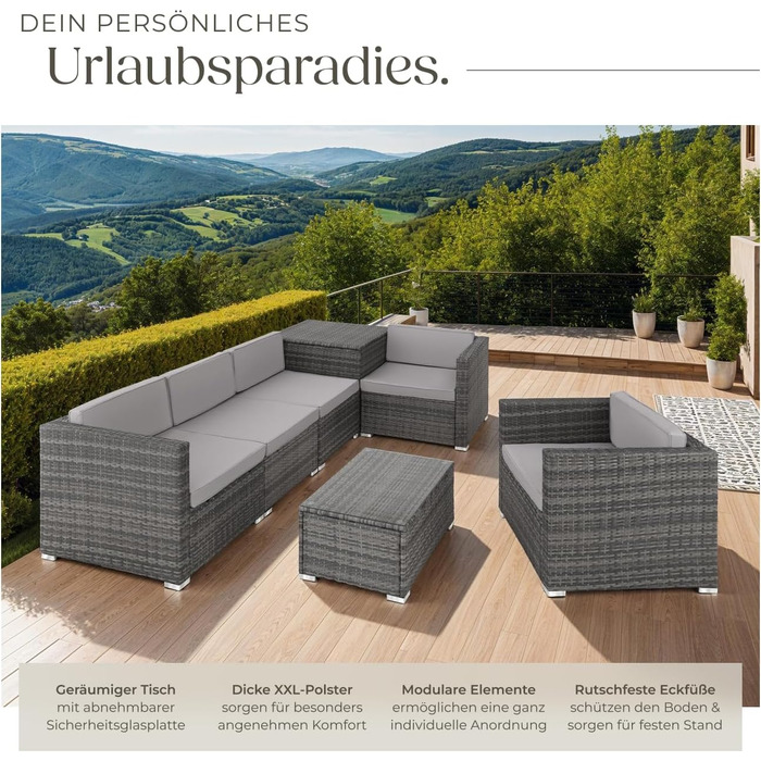 Набір садово-патіо меблів Tectake з коробкою для зберігання подушок, стіл зі скляною стільницею, сірий (403829)