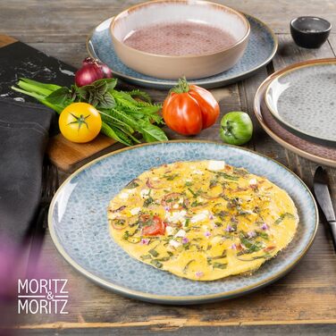 Набір посуду Moritz & Moritz TERRA на 6 осіб: 6 тарілок для їжі, десертних тарілок, мисок (Азурний блакитний), 6 великих тарілок з високоякісного порцеляну