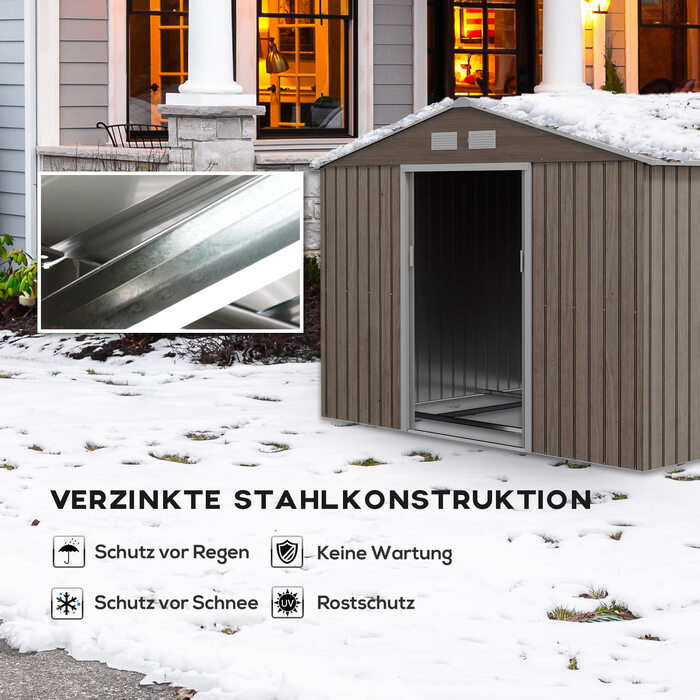 Outsunny Garden Shed 4,9 м², Садовий сарай з моноскатним дахом, Розсувні двері, Фундамент, 277 x 195 x 192 см, Сарай для інструментів з оцинкованої сталі, Стійкий до погодних умов, Для саду, Світло-коричневий | Аосом