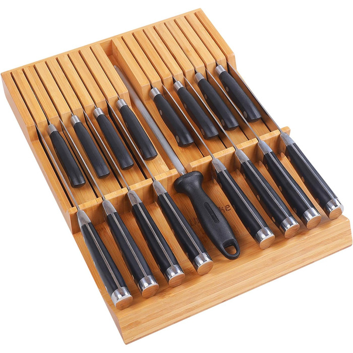 Блок ножів Бамбуковий органайзер для кухонних ножів Тримач для ножів для стейків з великою ручкою без ножа Підходить для 12 ножів і 1 заточувального сталевого ножа. (16 органайзерів для ножів)