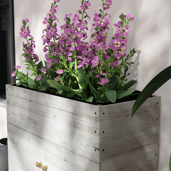 Підвищене грядка на колесах, з полицею, внутрішнім покриттям, ефект потертостей, 110x50x95 см, білий