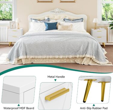 Приліжкові тумбочки YITAHOME (2 шт.) з 2 шухлядами, білі, з золотими ніжками, 40 x 30 x 52 см