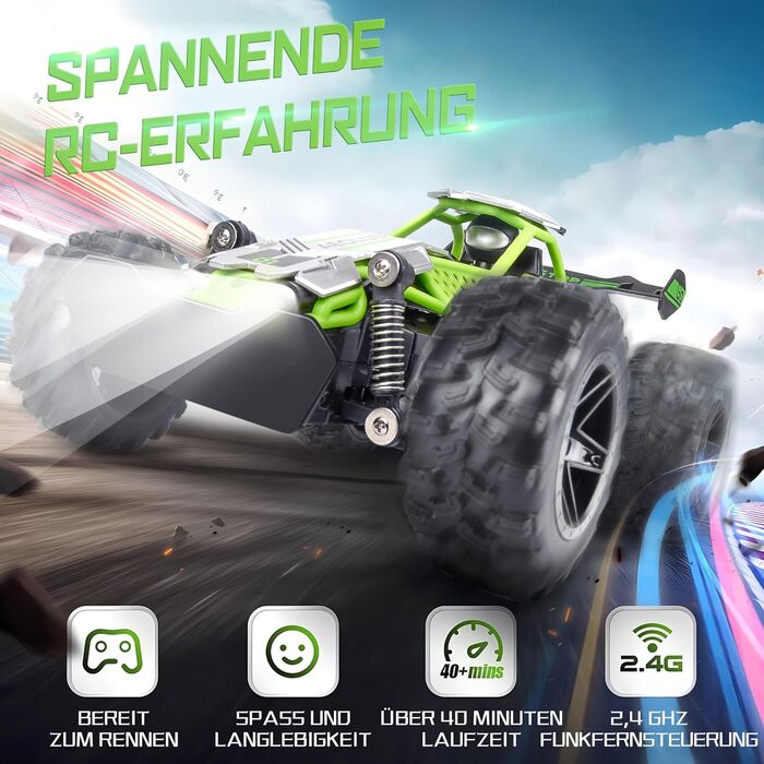 RC Monster Truck 1:18 2.4GHz, позашляховик, водонепроникний, швидкість 20+ км/год, зелений